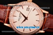Patek Philippe Calatrava Swiss ETA 2824 Automatic Rose Gold Case with Stick Markers Diamonds Bezel and White Dial