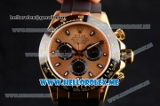 Rolex Daytona Clone Rolex 4130 Automatic Yellow Gold Case with Rose Gold Dial and Black Rubber Strap Black Subdials - 1:1 Original (BP)