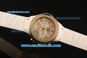 Hublot MDM Chronograph Swiss ETA Quartz Steel Case with Diamond Bezel and White MOP Dial-White Rubber Strap