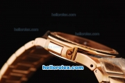 Patek Philippe Nautilus Swiss Quartz Movement Rose Gold Case and Strap with Black Dial and Diamond Bezel