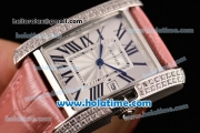 Cariter Tank Anglaise Swiss Quartz Stainless Steel Case with Pink Leather Strap Diamond Bezel and White Dial