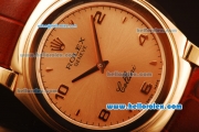 Rolex Cellini Swiss Quartz Rose Gold Case with Rose Gold Dial and Brown Leather Strap-Numeral Markers