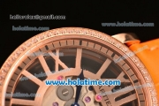 Cartier Rotonde De Swiss Quartz Rose Gold Case with Diamonds Bezel Skeleton Dial and Orange Leather Strap