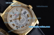 Rolex Sky-Dweller Asia 2813 Automatic Gold Case Roman Markers with Black Leather Strap and White Dial