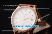 Patek Philippe Calatrava Miyota 9015 Automatic Rose Gold Case with White Dial Brown Leather Strap and Stick Markers Diamonds Bezel