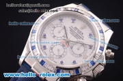 Rolex Daytona Chronograph Swiss Valjoux 7750 Automatic Steel Case with Diamond Bezel and White Dial-Blue Leather Strap