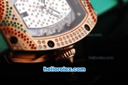 Richard Mille RM007 Rose Gold Case with Black/Diamond Dial-Diamond Hour Markers and Diamond Bezel-Green Leather Strap