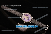 Jaeger-LeCoultre Lady Miyota Quartz Steel Case with White MOP Dial Purple Stick Markers and Black Leather Strap - Diamonds Bezel