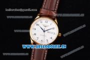 Longines Master Day Date Swiss ETA 2824 Automatic Yellow Gold Case with White Dial Arabic Numeral Markers and Brown Leather Strap