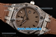Audemars Piguet Royal Oak Lady Swiss Quartz Steel/Diamonds Case with Grey Dial and Brown Leather Strap (EF)