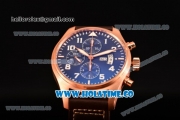 IWC Pilot's Watch Chrono Swiss Valjoux 7750 Automatic Rose Gold Case with Blue Dial Brown Leather Strap and Arabic Numeral Markers