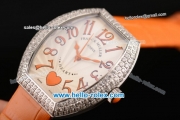 Franck Muller Heart Swiss Quartz Steel Case with Orange Leather Strap Diamond Bezel and White Dial - ETA Coating