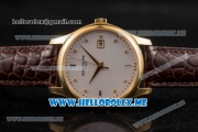 Patek Philippe Calatrava Miyota Quartz Yellow Gold Case with White Dial and Brown Leather Strap Diamonds Markers