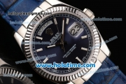 Rolex Day-Date Asia 2813 Automatic Steel Case with Blue Leather Strap Stick Markers and Blue Dial (BP)