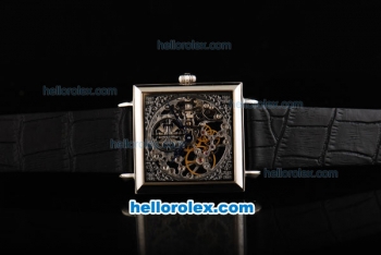 Patek Philippe Quadrate Skeleton Manual Winding Movement with White Bezel and Black Leather Strap