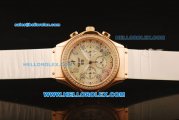 Hublot MDM Chronograph Swiss ETA Quartz Rose Gold Case with Diamond Bezel and White MOP Dial-White Rubber Strap