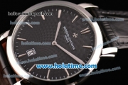 Vacheron Constantin Malte Miyota Quartz Stainless Steel Case with Black Leather Strap Black Dial and Stick Markers