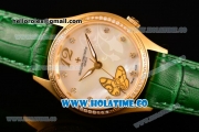 Vacheron Constantin Metiers d'Art Swiss ETA 2824 Automatic Yellow Gold Case with White MOP Dial Green Leather Strap and Diamonds Bezel