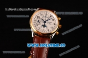 Longines Master Moonphase Chrono Swiss Valjoux 7751 Automatic Steel Case with Yellow Gold Bezel Arabic Numeral Markers and White Dial - 1:1 Original