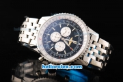 Breitling Navitimer Quartz Working Chronograph Movement Black Dial with Silver Subdials and Stick Marker-SS Strap