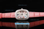 Franck Muller Galet Quartz Movement Silver Case with White Dial and Diamond Bezel-Pink Leather Strap