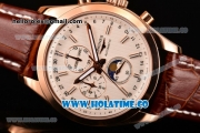 Longines Master Moonphase Miyota OS10 Quartz with Date Rose Gold Case with White Dial Stick Markers and Brown Leather Strap