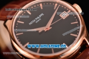 Patek Philippe Calatrava Swiss ETA 2824 Automatic Rose Gold Case with Brown Leather Strap Black Dial and Stick Markers