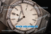 Audemars Piguet Royal Oak Lady Swiss Quartz Steel Case with Diamonds Bezel Black Leather Strap and White Dial