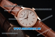 Patek Philippe Calatrava Miyota 9015 Automatic Rose Gold Case with White Dial Brown Leather Strap and Stick Markers Diamonds Bezel