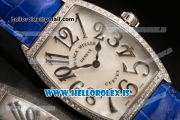 Franck Muller CINTREE CURVEX Diamond Bezel With Blue Calfskin Strap Swiss Ronda 762 Quartz White Dial