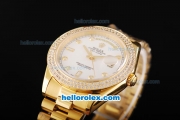 Rolex Day-Date II Automatic Movement Full Gold with Double Row Diamond Bezel-White Dial and Diamond Markers