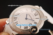 Cartier Ballon Bleu De Cartier Swiss ETA Quartz Steel Case with Diamond Bezel and White Dial-White Leather Strap