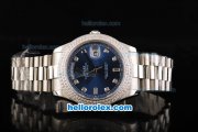 Rolex Day Date II Automatic Movement Full Steel with Double Row Diamond Bezel with Diamond Markers and Blue Dial