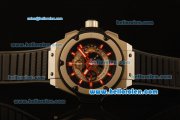 Hublot King Power Swiss Valjoux 7750 Automatic Steel Case with Skeleton Dial and Black Rubber Strap-Red Markers