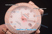 Omega Ladymatic Quartz Rose Gold Case with Diamond Bezel and White Leather Strap-Diamond Markers