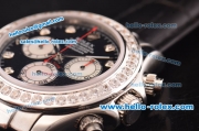 Rolex Daytona Swiss Valjoux 7750-SHG Automatic Diamond Bezel with Black Dial and Black Leather Strap