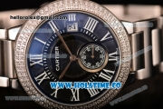 Cartier Rotonde De Miyota Quartz Steel Case/Bracelet with Black Dial Diamonds Bezel and Black Roman Numeral Markers