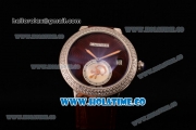 Cartier Rotonde De Swiss Quartz Steel Case with Brown Guilloche Dial Diamonds Bezel and Brown Leather Strap