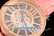 Cartier Rotonde De Swiss Quartz Rose Gold Case with Diamonds Bezel Skeleton Dial and Pink Leather Strap