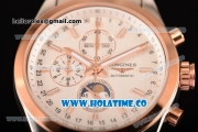 Longines Master Moonphase Chrono Miyota OS10 Quartz with Date Tone Tone Case/Bracelet with White Dial and Stick Markers