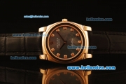 Rolex Cellini Swiss Quartz Rose Gold Case with Black MOP Dial and Black Leather Strap-Diamond Markers