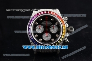 Rolex Daytona Rainbow Swiss Valjoux 7750 Automatic Steel Case with Black Dial and Black Leather Strap Diamonds Markers (GF)