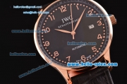 IWC Portuguese 2813 Automatic Rose Gold Case with Numeral Markers Black Leather Strap and Black Dial