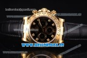 Rolex Cosmograph Daytona Clone Rolex 4130 Automatic Yellow Gold Case with Black Dial Diamonds Markers and Black Leather Strap (EF)