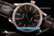 Rolex Cellini Asia Automatic Steel Case with Black Dial Stick/Roman Numeral Markers and Black Leather Strap - Diamonds Bezel (BP)