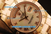 Rolex Day-Date Swiss ETA 2836 Automatic Rose Gold Case with Diamond Bezel and White MOP Dial -Rose Gold Strap