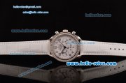 Omega Speedmaster Chrono Swiss Quartz Steel Case Diamond Bezel with White Leather Strap and White Dial Numeral Markers