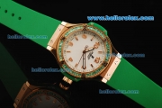 Hublot Big Bang Swiss Quartz Movement Rose Gold Case with Green Diamond Bezel and Green Rubber Strap