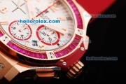 Hublot Big Bang Chronograph Swiss Valjoux 7750 Automatic Movement White Dial with Pink Diamond Bezel and Red Rubber Strap