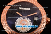 Cartier Rotonde De Swiss Quartz Rose Gold Case with Black Guilloche Dial Diamonds Bezel and Black Leather Strap